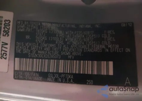 2013 Toyota Sienna L V6 7 Passenger z USA, uszkodzony, nr VIN 5TDZK3DCXDS285073